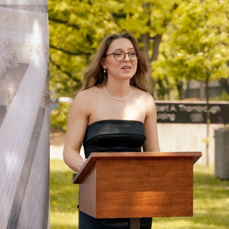 Justice and Legal Studies Grad Michelle Wilk speaks at her convocation. 