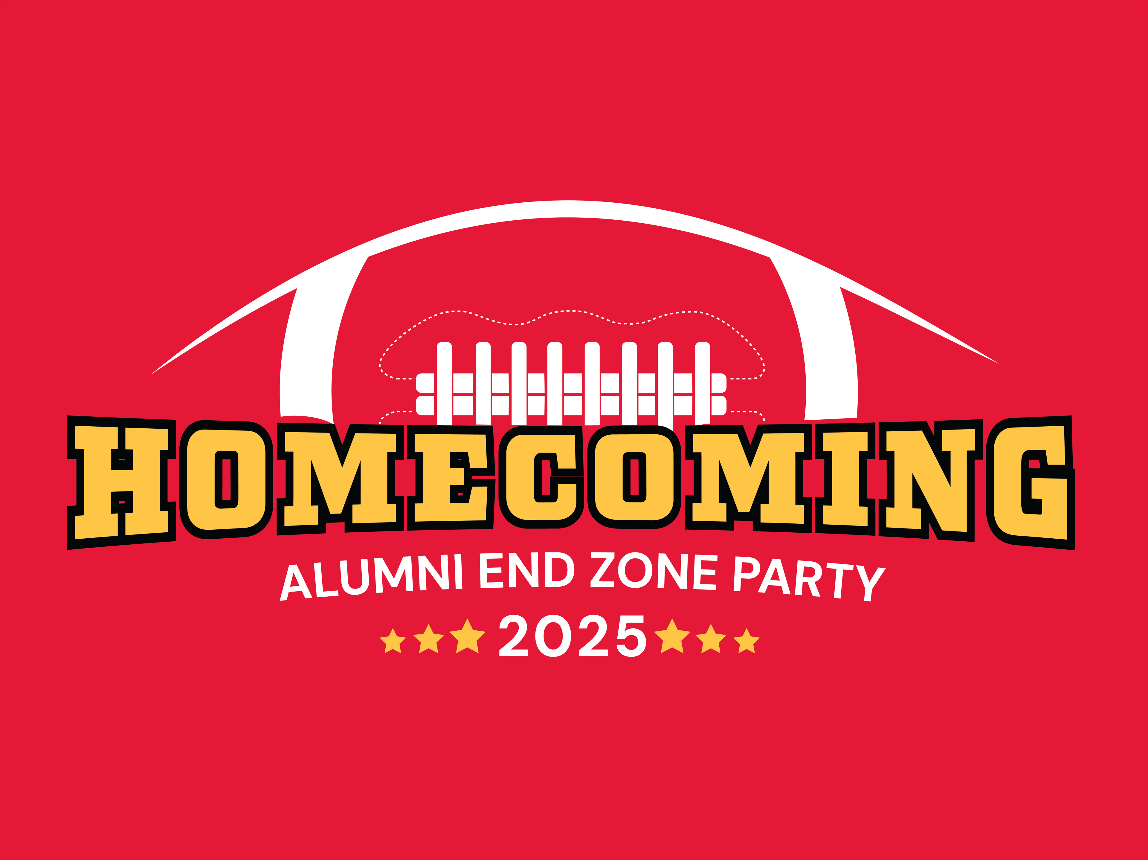 A red background has a white football outline and the text "Homecoming: Alumni End Zone Party 2025"