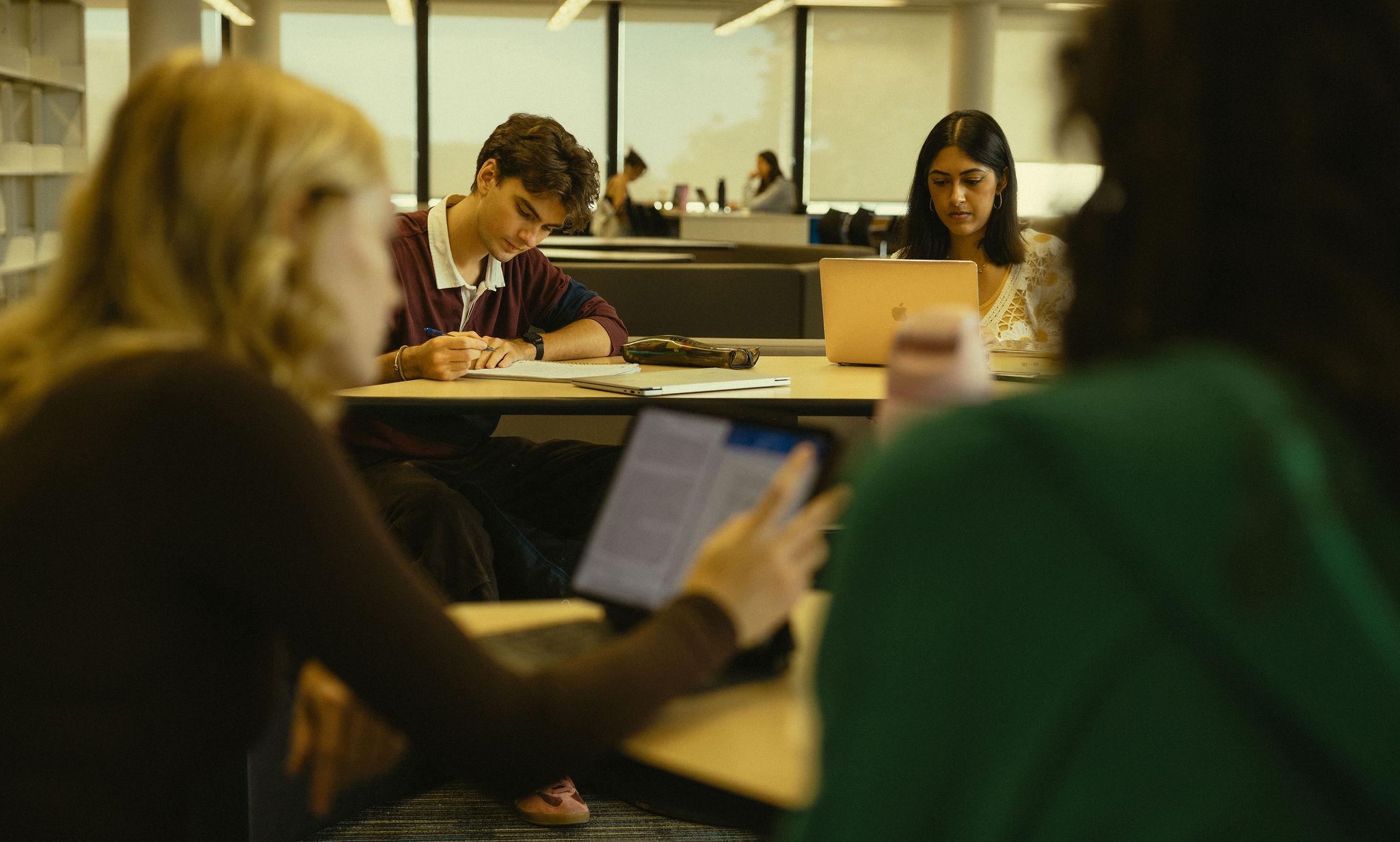 Students working at their computers in the library.