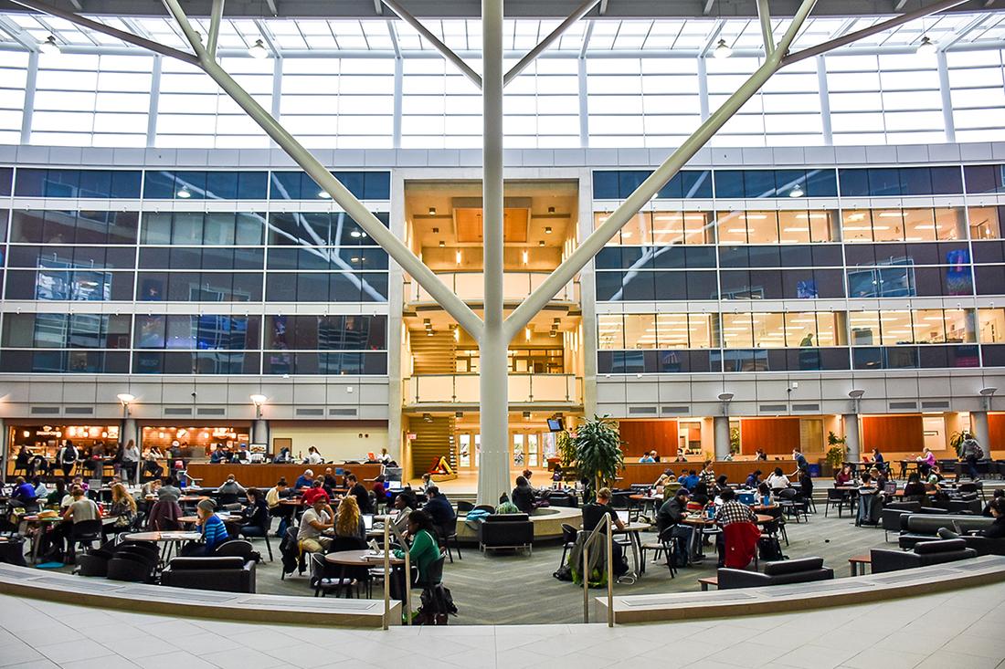 Students sitting in the science complex