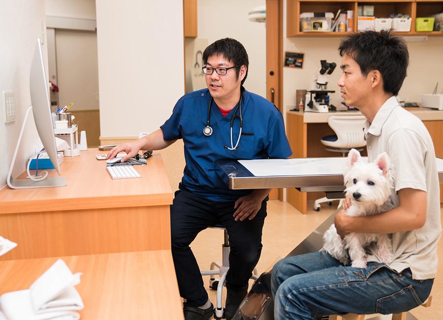 A veterinarian sitting and talking to a client who is holding a small white dog on his lap.