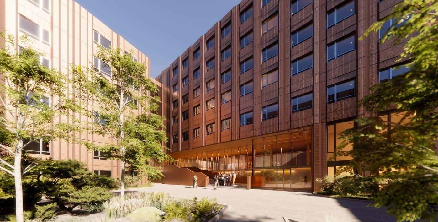 Conceptual rendering of a future outdoor courtyard at the 78 College Project, located in front of a residence building and surrounded by trees.