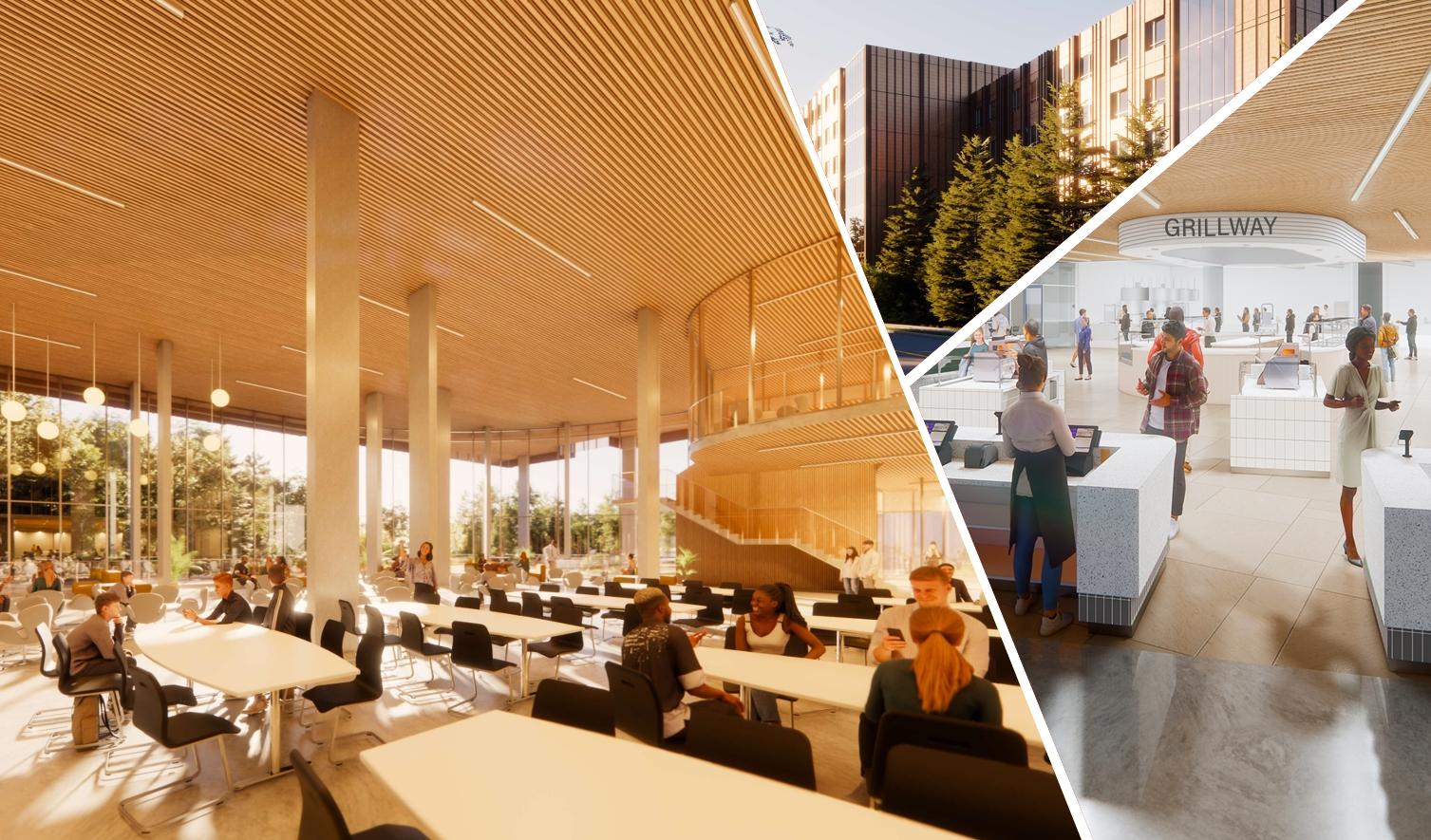 Conceptual renderings of the future 78 College Project, showing a collage of planned interiors for a library, cafeteria, and residential space.