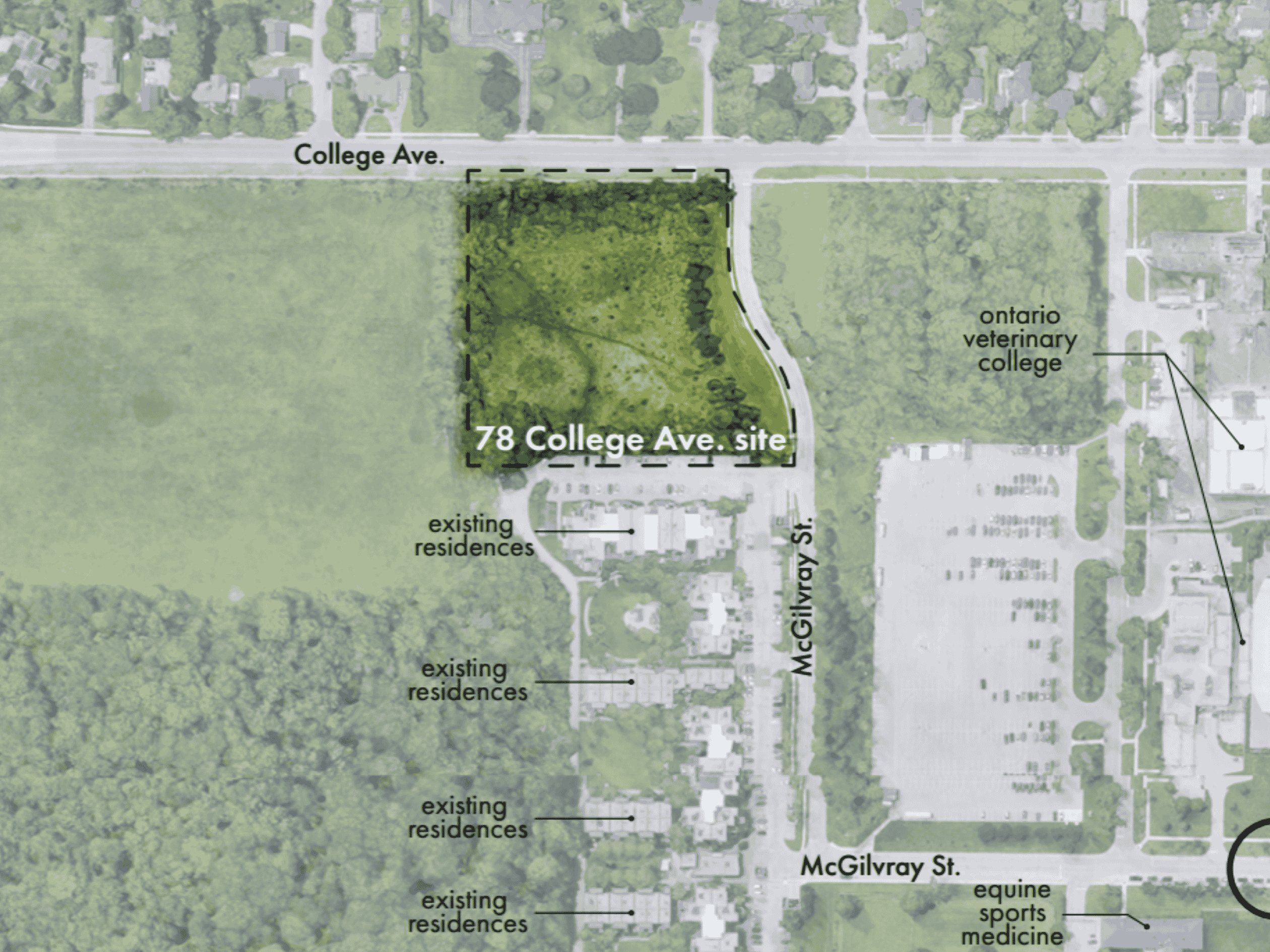 Aerial satellite map of the 78 College Project site at the southwest corner of College Avenue and McGilvray Street. The map highlights the project's location in relation to four existing residential buildings nearby.