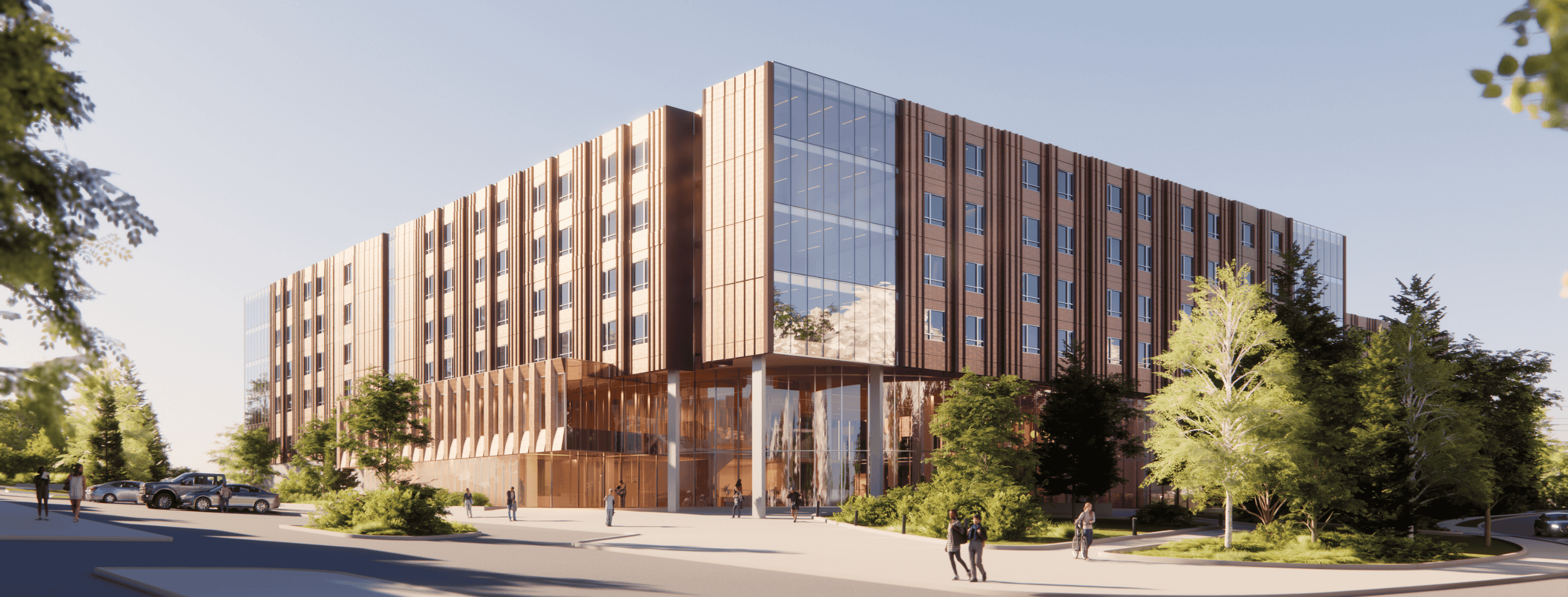 Conceptual renderings of the future 78 College Project, showing a multi-level glass and steel residence building surrounded by trees.