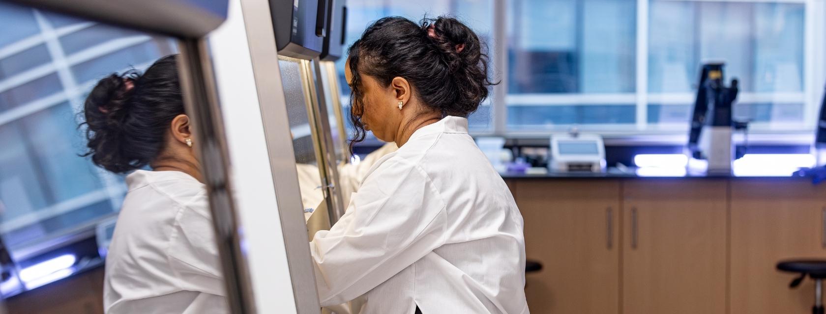 Student working in cell culture hoods
