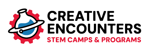 Creative Encounters logo with a beaker, gear and ring graphic and text that reads: Creative Encounters, STEM Camps & Programs