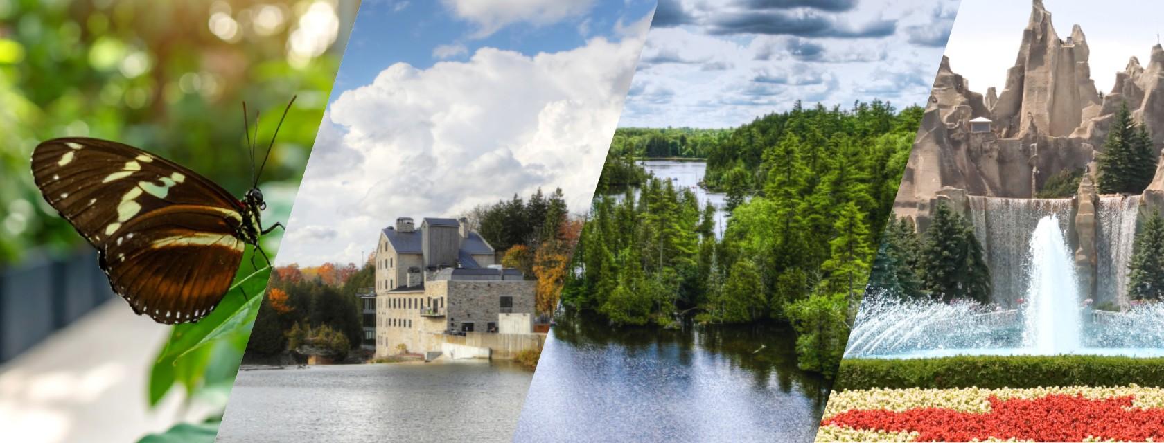 Banner showing a butterfly on a leaf, Elora Mill by a river, a forested lake with boats, and a theme park with a fountain and rocky structures.