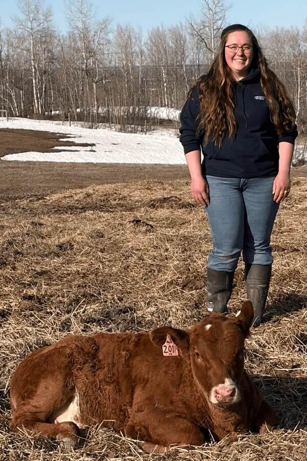 A woman stands in a field and a cow sits comfortably in front of her