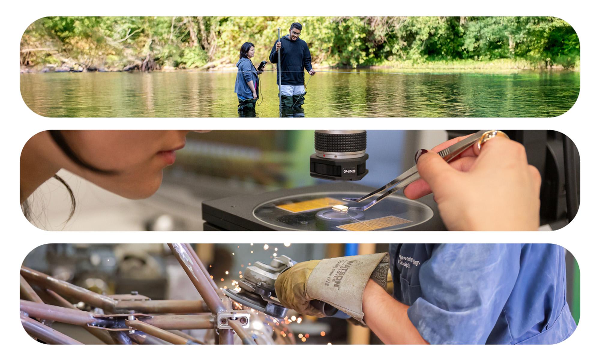 a graphic of 3 images depicting a stream, a microchip and welding