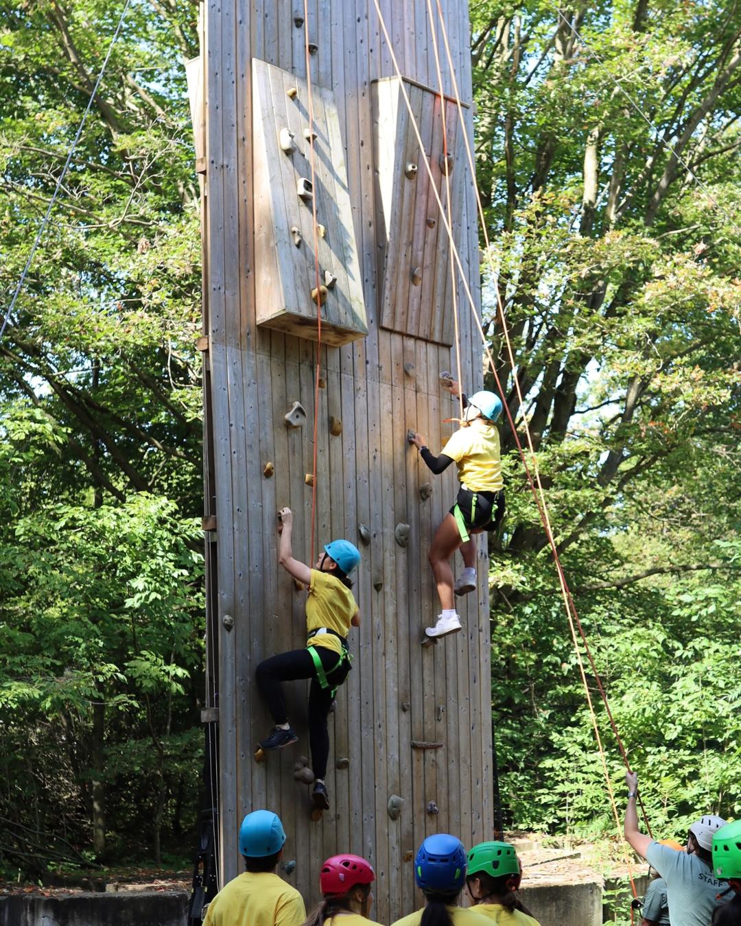 two students climbing a climbing wall while others look on from below