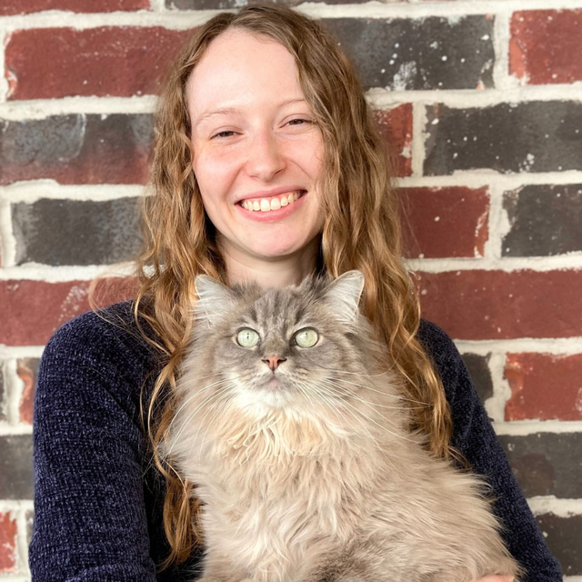 A woman with long hair holding a grey cat