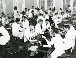 Historical photo of veterinary students in a pathology lab