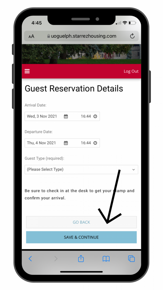 Phone mockup showing housing portal guest registration step 5