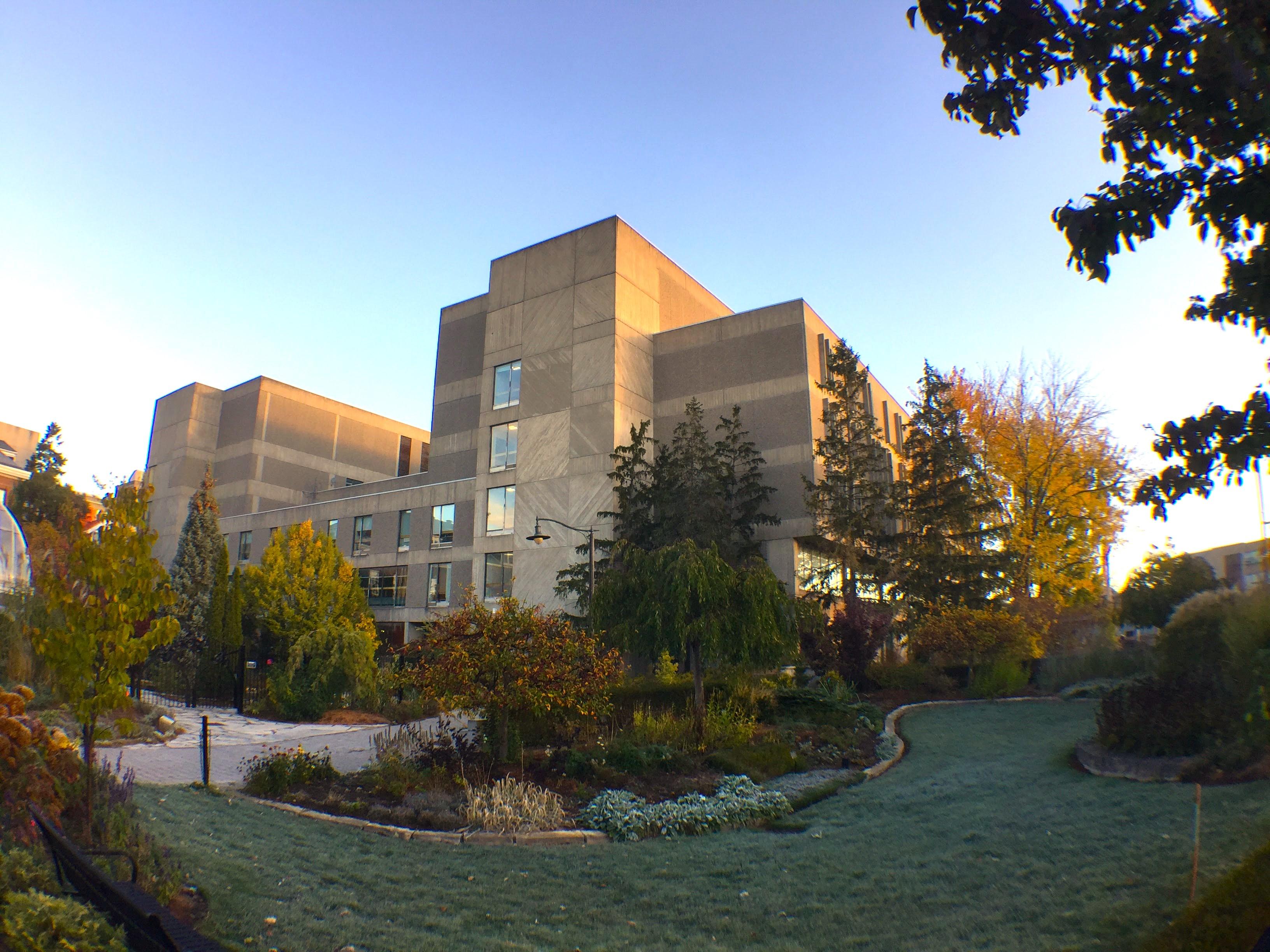 View of the University Centre as seen from the Conservatory Gardens.