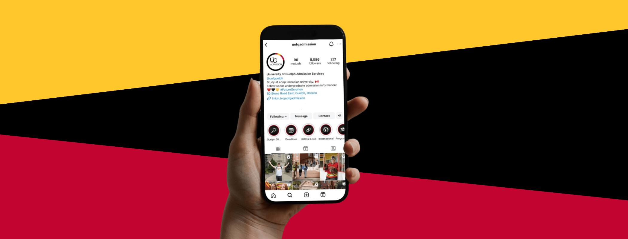 mockup of hand holding phone with @UofGInstagram profile.