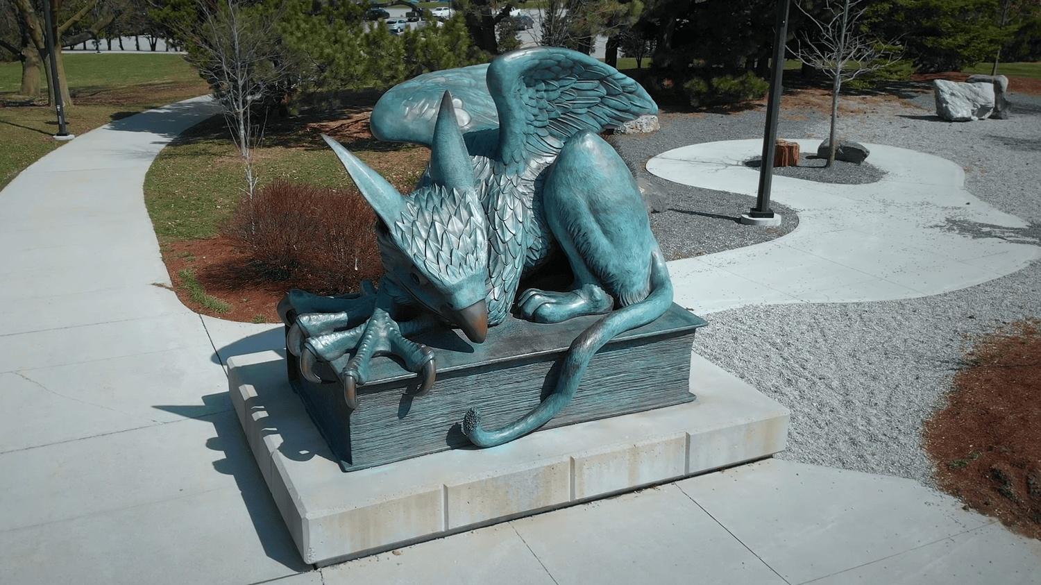 Ariel view of the Gryphon statue outside at the front of U of G campus.