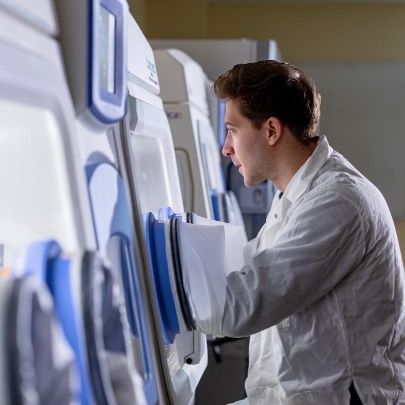 Student working in glove box