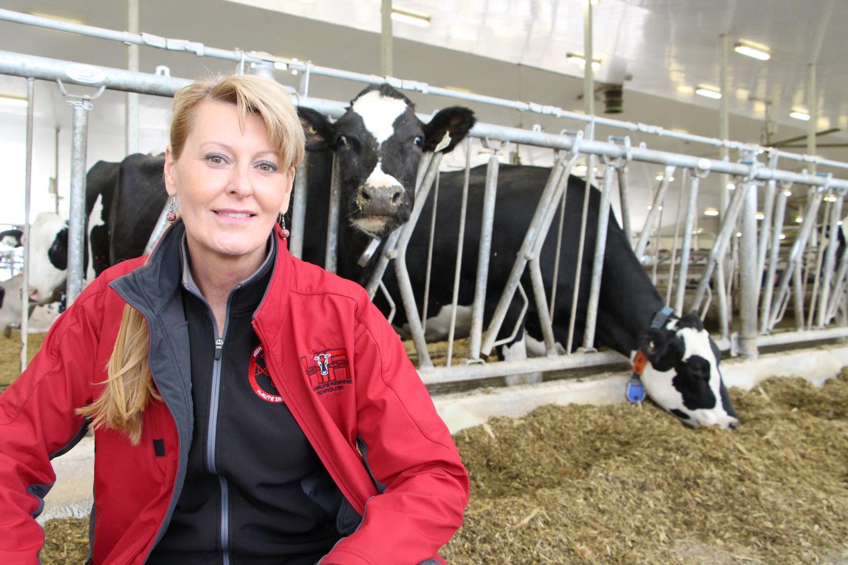 Dr. Bonnie Mallard crouches, smiling, outside the fencing and a dairy cow at the Ontario Dairy Research Centre