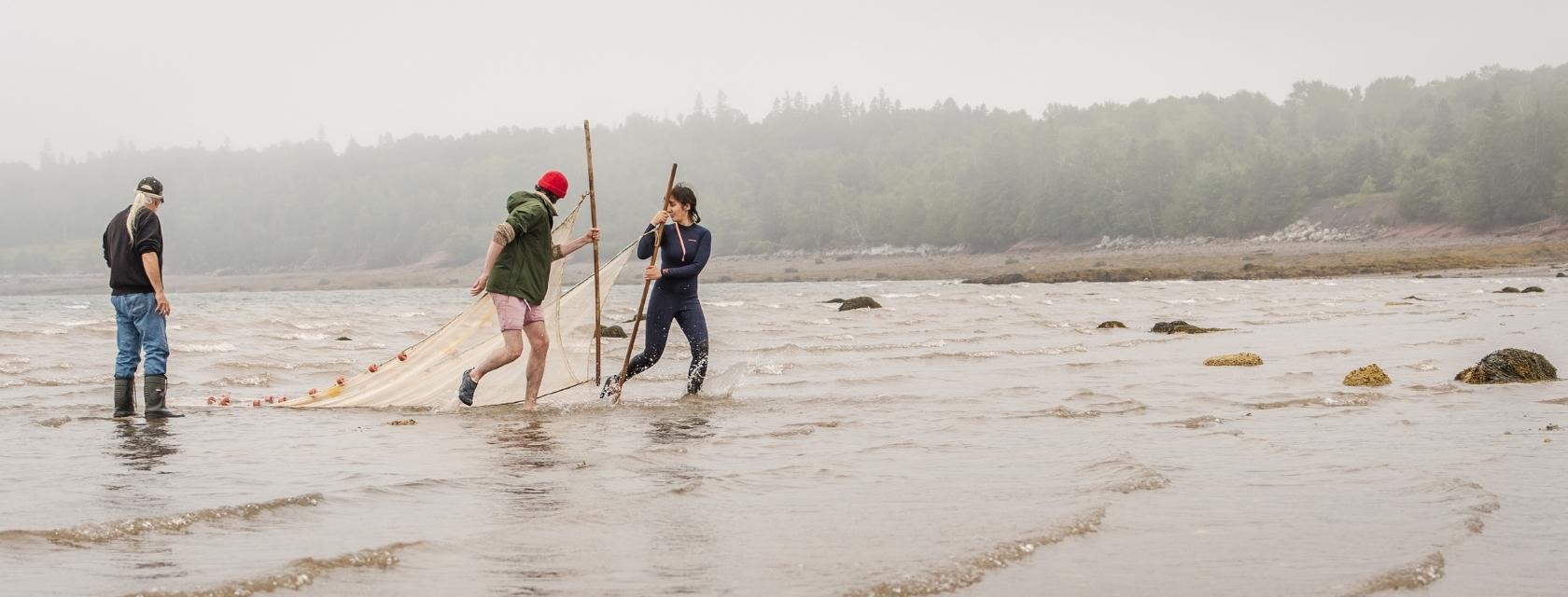 Student dragging a net in the ocean