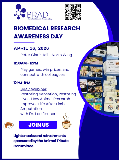 Biomedical Research Awareness Day poster hosted on April 16, 2026 with a webinar from Dr. Lee Fischer
