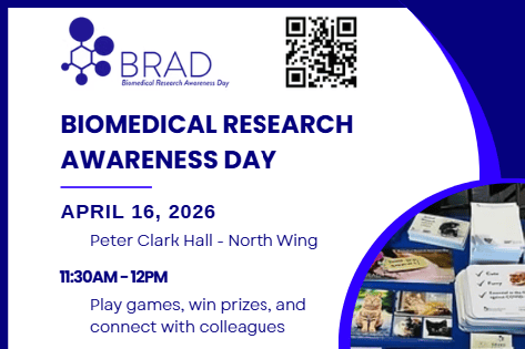 Biomedical Research Awareness Day poster hosted on April 16, 2026 with a webinar from Dr. Lee Fischer
