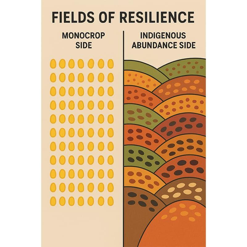 Beauty and Abundance visual submission. Left side is organized rows of yellow dots representing a single seed/crop; Right side is a collage of colour and curved lines representing various crops in abundance.