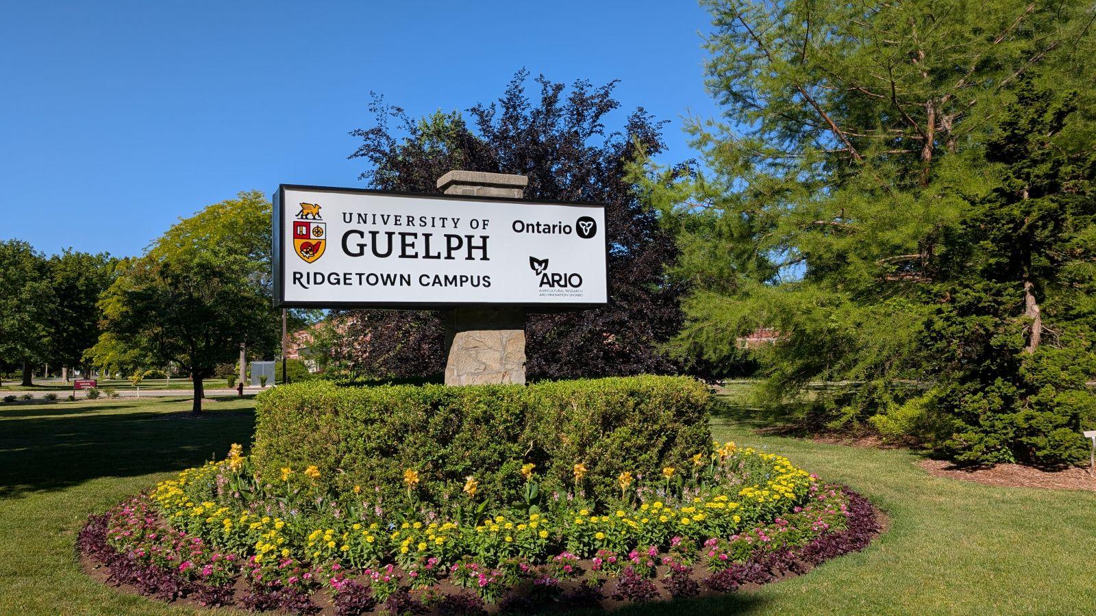 The sign at Ridgetown Campus depicting U of G, Ontario and ARIO logos