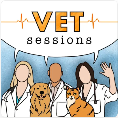 three vets sayings "vet sessions" with a dog and a cat infront of them