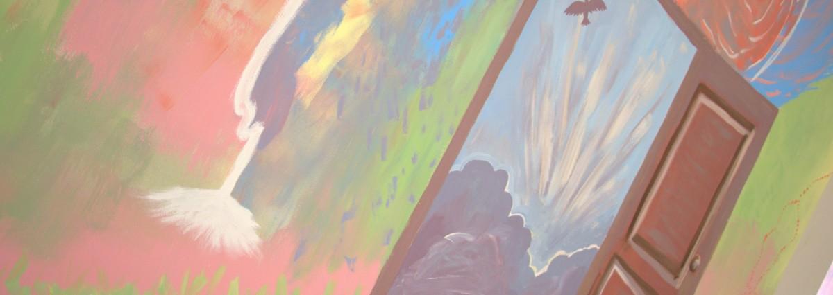 Colourful abstract artwork featuring a doorway surrounded by sweeping brushstrokes in pink, green, blue, orange, and white.