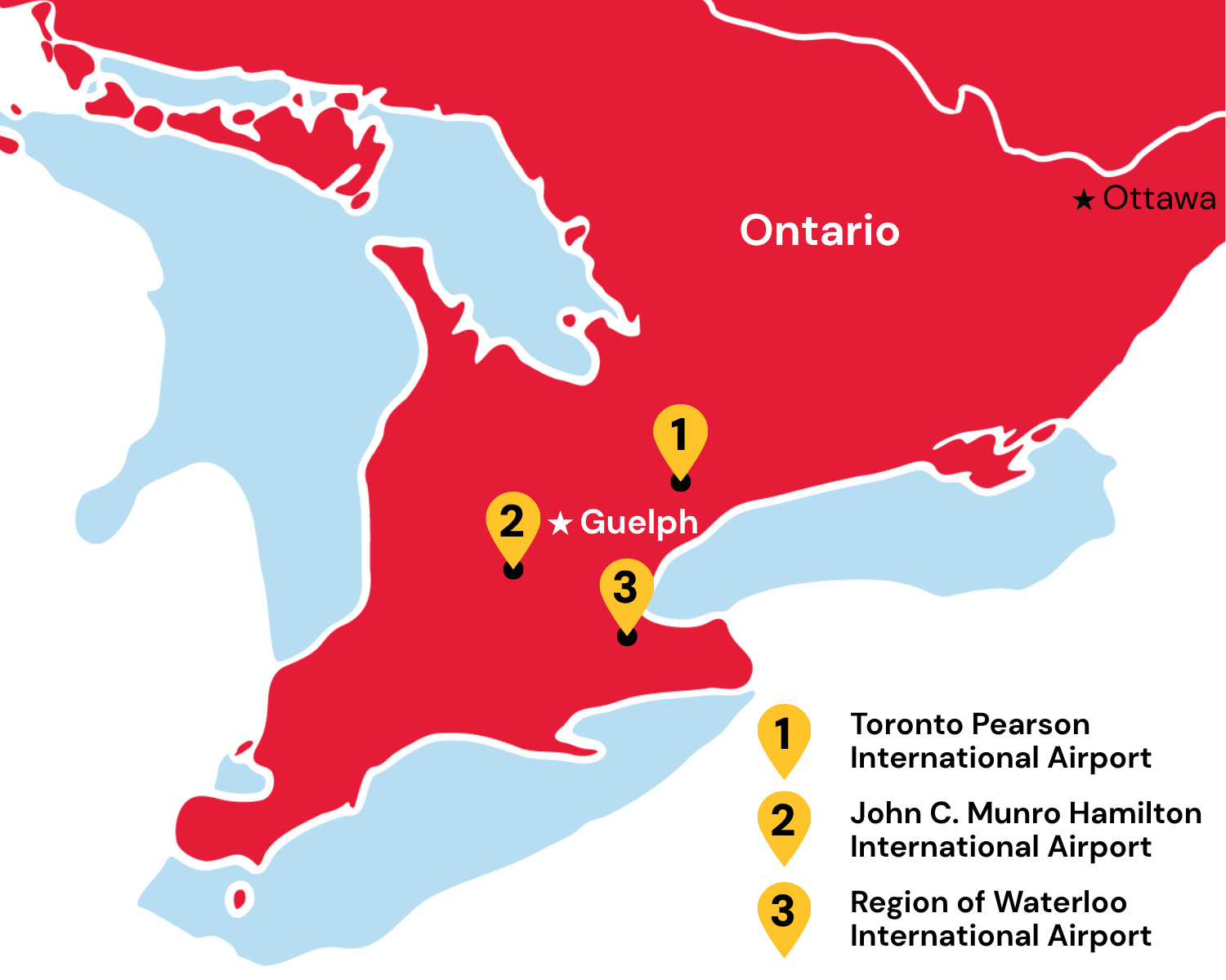 Map of Ontario International Airports (Pearson, Hamilton, Waterloo)