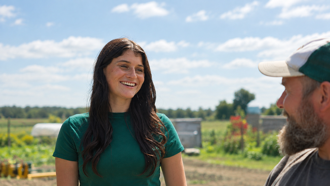 Ellyse smiling and talking to a farmer