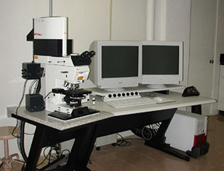 Picture of a white Leica DM RE microscope connected to a white Leica TCS SP2 system with two monitors