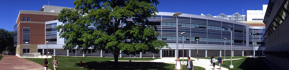 Image of the students walking by Summerlee Science Complex which houses the Advanced Analysis Centre at the University of Guelph