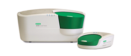 Image of a white and green Droplet Digital PCR instrument