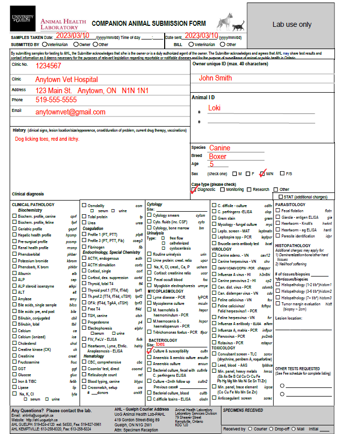 Example of AHL submission form