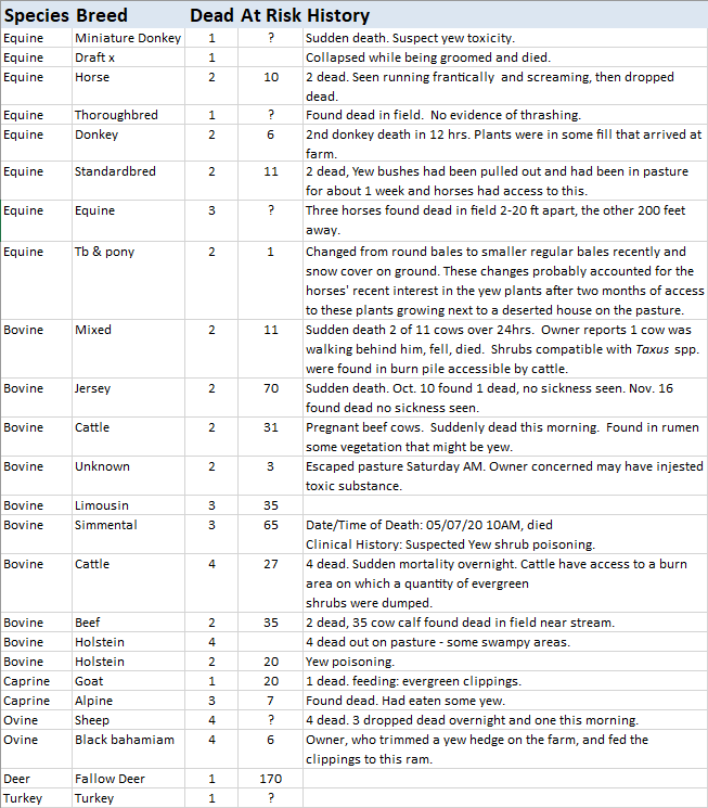 Table 1.  Taxus spp. AHL pathology submissions, species affected and histories, 1989 - October 2020.