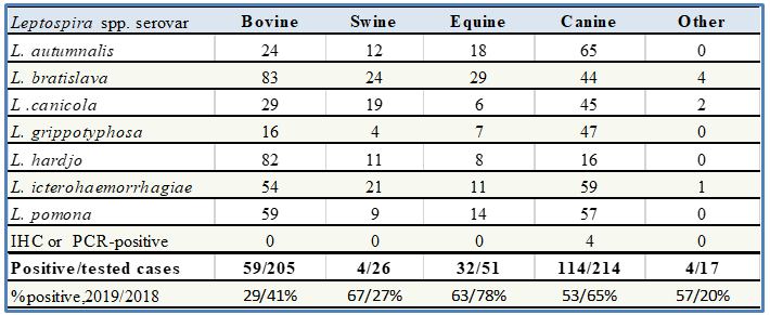 Table 2. Leptospira spp. seropositive, IHC-positive, or PCR-positive cases identified at the AHL, 2019. 