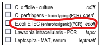 Figure 1. AHL submission form listing E.coli ETEC genotyping (PCR) test.   This test is included on ruminant and swine submission forms.