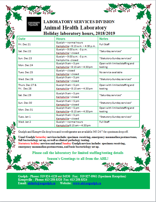 2018-2019 Laboratory Holiday hours