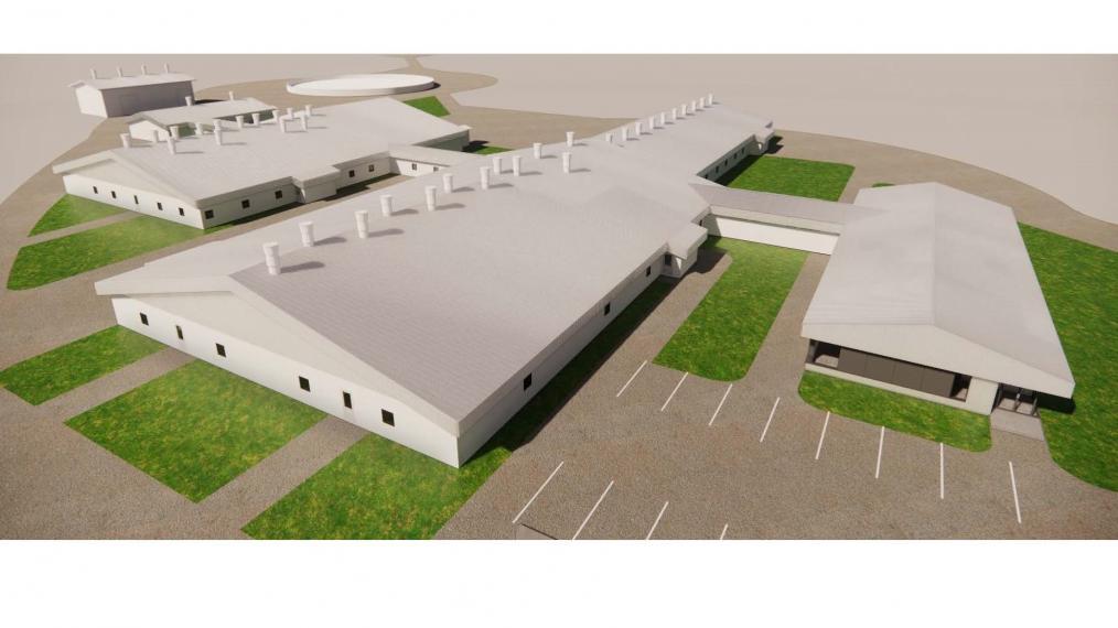 Illustration of the future Ontario Swine Research Centre with one large central barn and one smaller barn connected via a hallway to either side of it.