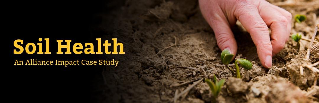 Soil Health case study promotional banner with a hand beside a tiny plant sprouting from the soil