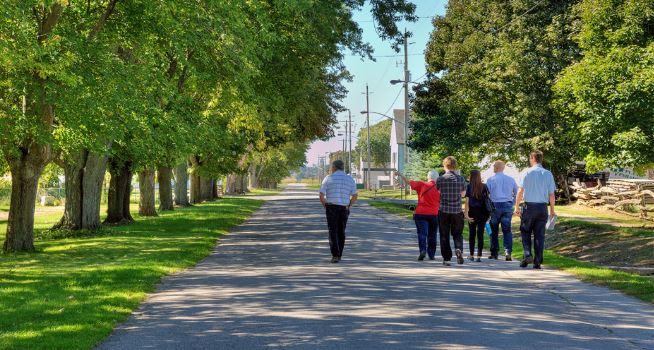 A group of people walk down a path alongside trees in a rural setting