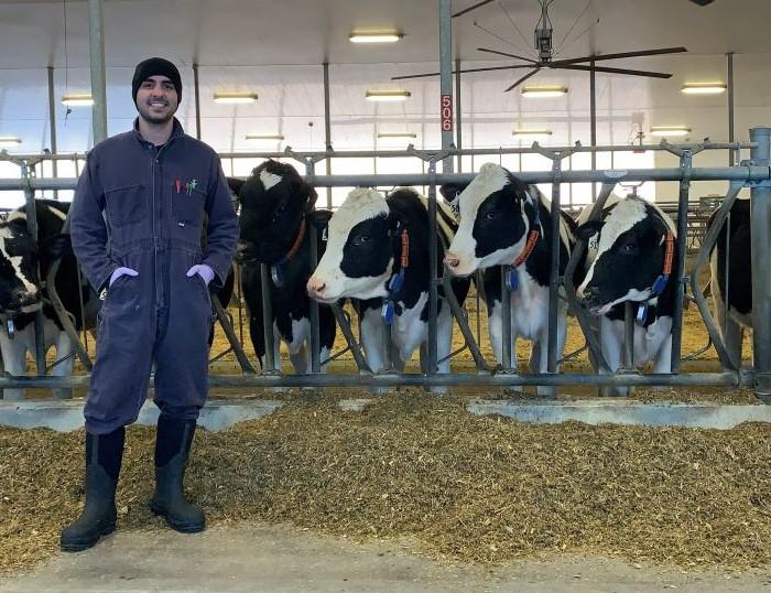 Guilherme Madureira stands in blue coveralls in front of a line of dairy cows in a barn