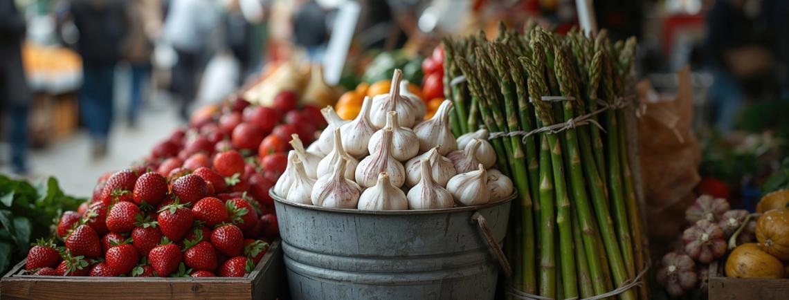 Fresh local garlic, tomatoes and asparagus spread on a farmer's market table