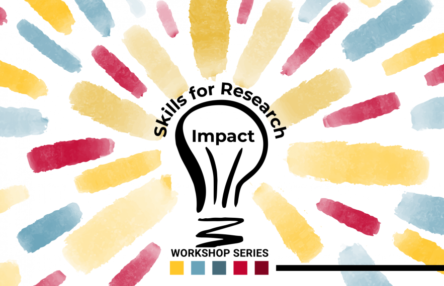 Skills for Research Impact workshop series concept graphic shows a lightbulb with colours radiating off of it