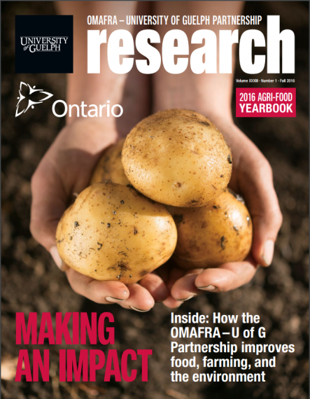Cover of the 2016 Agri-food yearbook. Shows hands holding 4 potatoes with the title Making an Impact