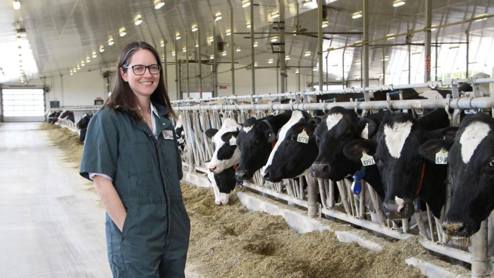 Dr. Miltenburg is dressed in short-sleeve coveralls and stands in front of dairy cows in a modern barn