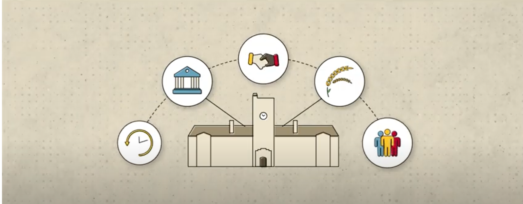 A screen grab from the video shows U of G's iconic residence building, Johnston Hall, surrounded by icons symbolizing people, partnership and history; government and industry partners