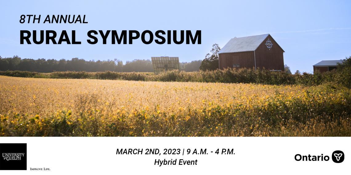 8th annual rural symposium banner showing a modern barn in a rural setting and the details: March 2, 2023, hybrid event